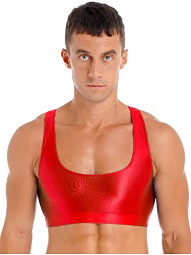 MSemis Herren Sport BH Training Tank Top Männer Glänzende Sissy Bra Reizwäsche Unterwäsche Bikini Erotik Dessous Top Partykleidung Clubwear Rot XL von MSemis