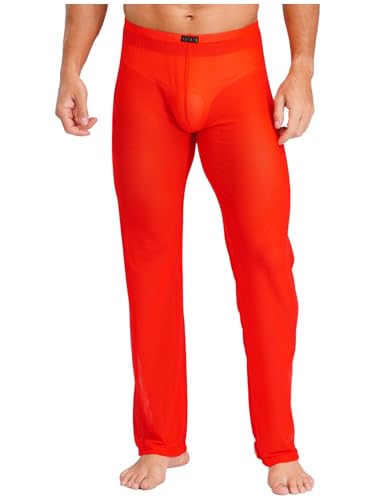 MSemis Herren Transparent Hose Nylon Pyjamahose Nachtwäsche Männer Reizvoll Unterwäsche durchsichtiger Lange Pants Loungehose Rot M von MSemis