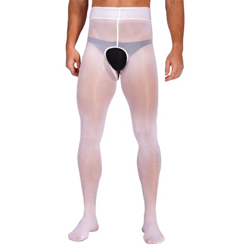MSemis Herren Unterwäsche Sxy Glänzend Strumpfhose Transparent Feinstrumpfhose Nylonstrumpfhose Ouvert Hose Strumpfhose Lange Unterhosen Weiß Einheitsgröße von MSemis