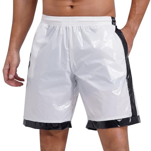 MSemis Herren Wetlook Shorts Metallic Boxershorts Hotpants Kordelzug Kurze Hose Strand Shorts Badehose Loungewear Elfenbein M von MSemis
