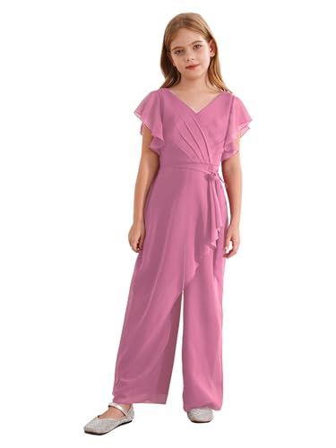MSemis Hosenanzug Mädchen Elegant Chiffon Jumpsuit Weites Bein Overall Hosenanzug Festlich Romper Kurzarm Einfarbig Lang Playsuit Altrosa 158-164 von MSemis