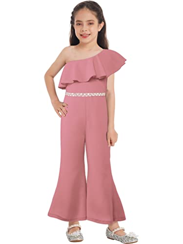 MSemis Jumpsuit Kinder Mädchen EIN Schulter Rüschen Overall Hosenanzug Playsuit Cocktail Party Festlich Elegant Romper Loose Fit Spielanzug Altrosa 158-164/13-14 Jahre von MSemis