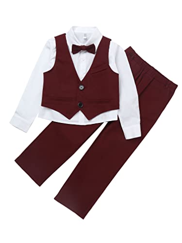 MSemis Jungen Anzug Gentleman Smoking Anzug 4tlg Anzüge Set Langarm Hemd + Weste + Krawattenknoten + Hosen Festlich Hochzeit Outfits Burgund 80-92 von MSemis