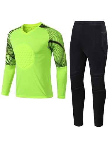 MSemis Jungen Fußball Trikot Set Kinder Trainings Gepolstert T-Shirt Und Lang Hosen Auswärtstrikot Traningsset Leuchtendes Grün 152-158 von MSemis