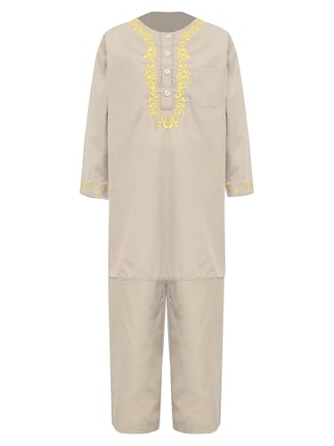 MSemis Jungen Muslimischen Arabischen Kaftan Se Lange Ärmel Bestickt Robe und Hosen Islamischen Anzug Ethnische Kleidung Khaki 158-164 von MSemis