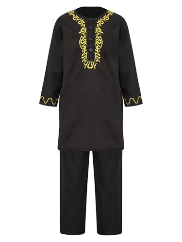 MSemis Jungen Muslimischen Arabischen Kaftan Se Lange Ärmel Bestickt Robe und Hosen Islamischen Anzug Ethnische Kleidung Schwarz 104-110 von MSemis