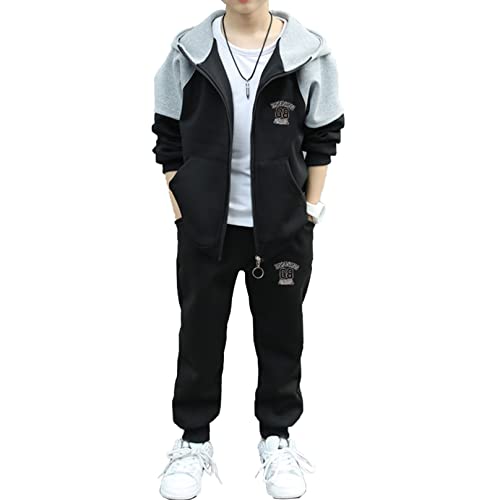 MSemis Jungen Trainingsanzug Jogginganzug Langarm Sportanzug Freizeitanzug Set Jogginghose Sweatshirt Kapuzenjacke Hoodie für Sportbekleidung Schwarz A 146-152 von MSemis