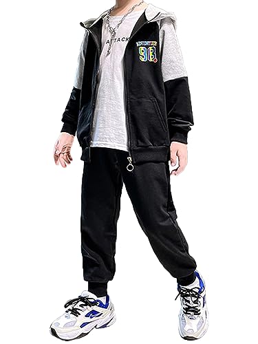 MSemis Jungen Trainingsanzug Jogginganzug Langarm Sportanzug Freizeitanzug Set Jogginghose Sweatshirt Kapuzenjacke Hoodie für Sportbekleidung Schwarz D 134-140 von MSemis