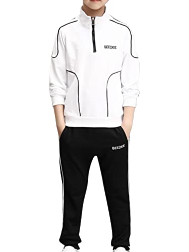 MSemis Jungen Trainingsanzug Jogginganzug Langarm Sportanzug Freizeitanzug Set Jogginghose Sweatshirt Kapuzenjacke Hoodie für Sportbekleidung Weiß B 140-146 von MSemis