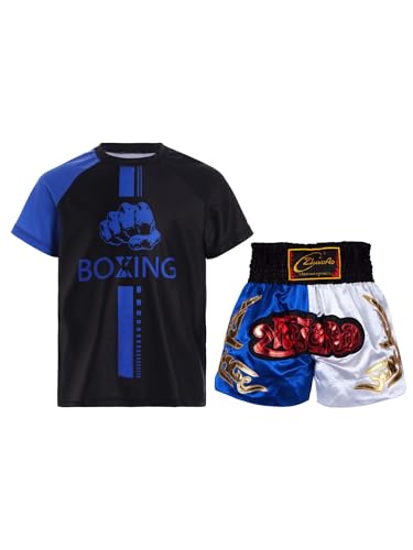 MSemis Kickboxen Jungen Sport Set Kurzarm Kampfsportle T-Shirt mit Short Zweiteiliger Muay Thai Boxen Trainingsanzug Blau Weiss 122-128 von MSemis