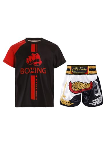 MSemis Kickboxen Jungen Sport Set Kurzarm Kampfsportle T-Shirt mit Short Zweiteiliger Muay Thai Boxen Trainingsanzug Rot & Weiß & Schwarz 110-116 von MSemis