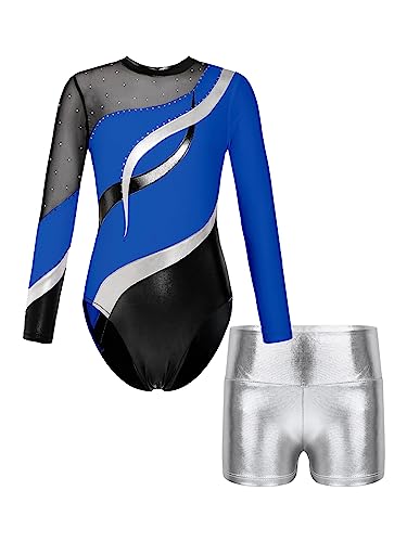 MSemis Kinder Gymnastik Trikot Mädchen Langarm Turnanzug Gymnastikanzug mit Shorts Glänzend Tanzbody Outfits Tanz Kostüme Königsblau und Silber 122-128/7-8 Jahre von MSemis