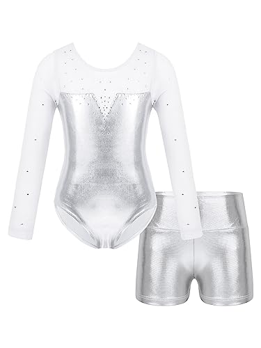 MSemis Kinder Gymnastik Trikot Mädchen Langarm Turnanzug Gymnastikanzug mit Shorts Glänzend Tanzbody Outfits Tanz Kostüme Silber 110-116 von MSemis