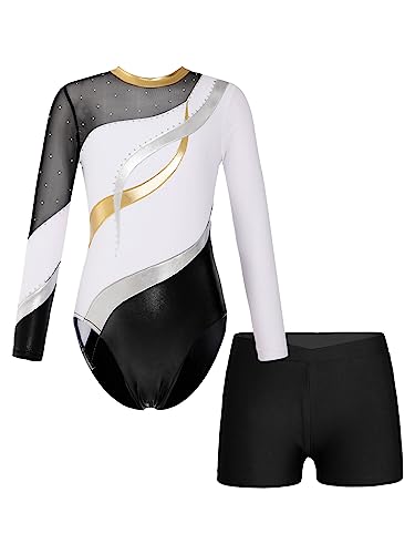 MSemis Kinder Gymnastik Trikot Mädchen Langarm Turnanzug Gymnastikanzug mit Shorts Glänzend Tanzbody Outfits Tanz Kostüme Weiß 134-140 von MSemis