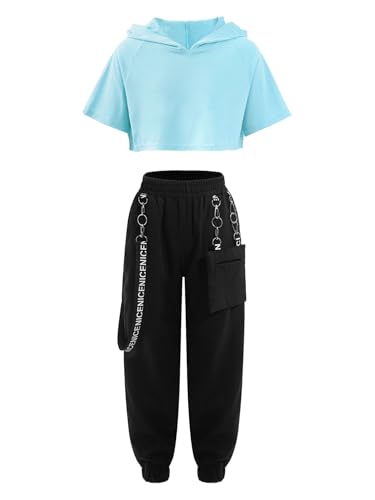 MSemis Kinder Hip Hop Kleidung Mädchen Sport Bekleidung Set Kurzarm Kapuze Crop Top mit Cargohose Jogginghose Street Dance Outfit Hellblau 134-140 von MSemis