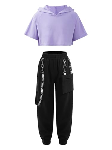 MSemis Kinder Hip Hop Kleidung Mädchen Sport Bekleidung Set Kurzarm Kapuze Crop Top mit Cargohose Jogginghose Street Dance Outfit Lavendel 134-140 von MSemis