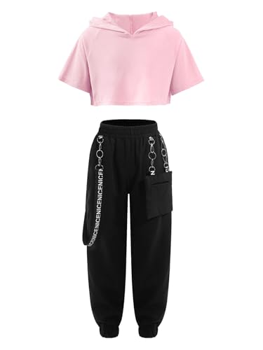 MSemis Kinder Hip Hop Kleidung Mädchen Sport Bekleidung Set Kurzarm Kapuze Crop Top mit Cargohose Jogginghose Street Dance Outfit Rosa 122-128 von MSemis