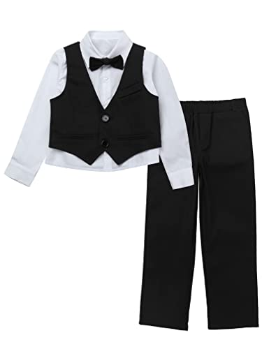 MSemis Kinder Jungen Gentleman Smoking Anzug 4tlg Set Langarm Hemd + Weste + Fliege + Hosen festlich Hochzeit Anzüge Schwarz/Weiß/Blau Schwarz G 152 von MSemis