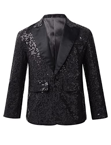 MSemis Kinder Jungen Glänzend Pailletten Sakko Langarm Blazer Slim Fit Smoking Jacke mit V-Aussschnitt Hochzeit Geburtstag Anzugjacke Schwarz 170-176 von MSemis