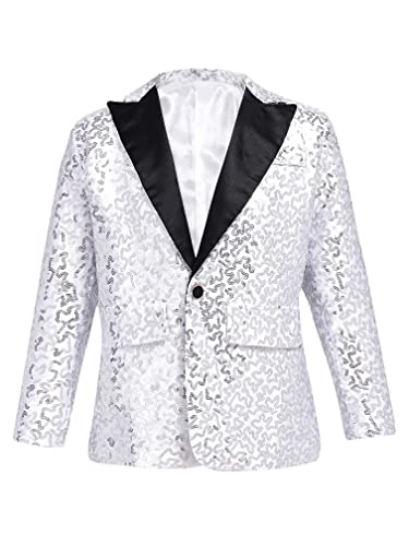 MSemis Kinder Jungen Glänzend Pailletten Sakko Langarm Blazer Slim Fit Smoking Jacke mit V-Aussschnitt Hochzeit Geburtstag Anzugjacke Silber 170-176 von MSemis