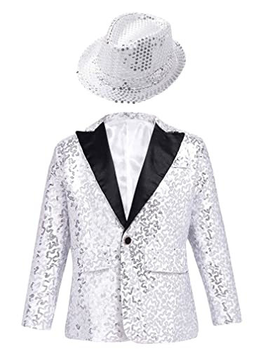 MSemis Kinder Jungen Glänzend Pailletten Sakko Langarm Blazer Slim Fit Smoking Jacke mit V-Aussschnitt Hochzeit Geburtstag Anzugjacke Silber A 146-152 von MSemis