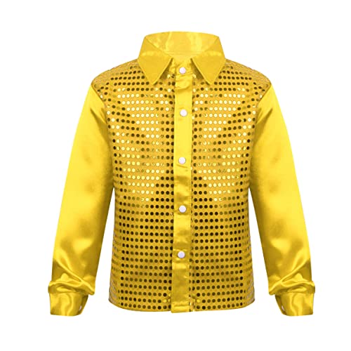 MSemis Kinder Jungen Pailletten Hemd Kragen Glitzer Disco Shirt Top Langarm Kinder Tanz Kostüm Jazz Party Performance Gold 128-140/8-10 Jahre von MSemis