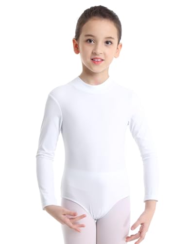 MSemis Kinder Mädchen Ballett Trikot Body Langarm Ballettanzug Gymnastikanzug Turnanzug Ballett Body mit Rollkragen Dancewear Weiß 122-128 von MSemis