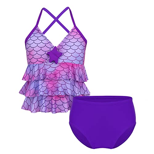 MSemis Kinder Mädchen Bikini Set Meerjungfrau Bademode Badeanzug Tankini Set Fischschuppen Bikini Tops + Badeshorts Gr. 98-164 A Lila 116 von MSemis