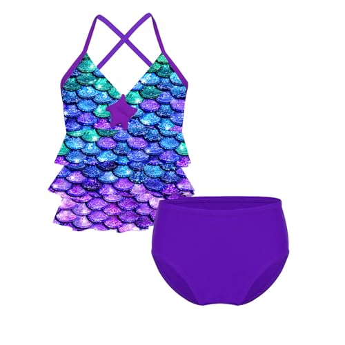 MSemis Kinder Mädchen Bikini Set Meerjungfrau Bademode Badeanzug Tankini Set Fischschuppen Bikini Tops + Badeshorts Gr. 98-164 Violett 140 von MSemis