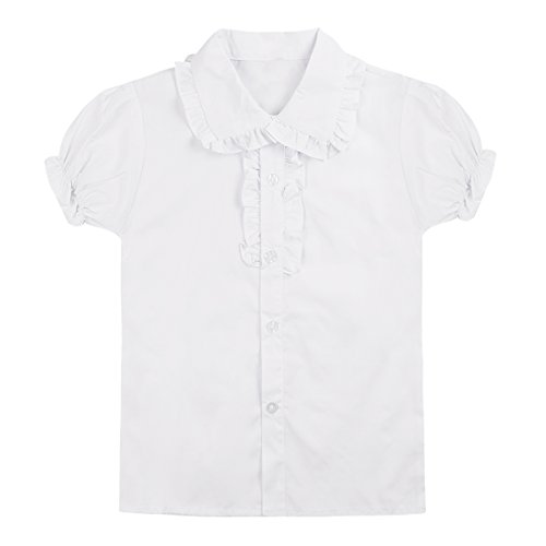 MSemis Kinder Mädchen Bluse Hemd Oxford mit Puff Ärmel Kurzarm T-Shirt Slim Fit Gr. 104-158 Weiß 110-116 von MSemis