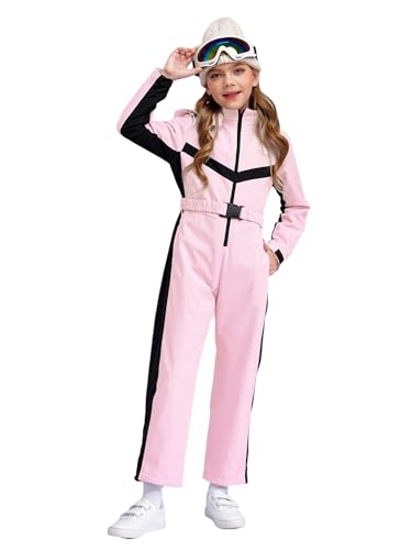 MSemis Kinder Mädchen Einteilige Skianzüge Jumpsuits Wasserdicht Schneeanzug mit Gürtel Langarm Skioverall Rosa 158-164 von MSemis