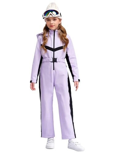 MSemis Kinder Mädchen Einteilige Skianzüge Jumpsuits Wasserdicht Schneeanzug mit Gürtel Langarm Skioverall Violett 158-164 von MSemis