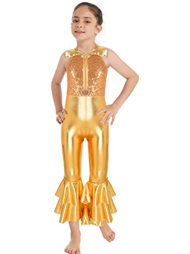 MSemis Kinder Mädchen Ganzkörper Jumpsuit Langarm Pailletten Sportbody Gymnastik Tanz Gymnastikanzug Turnen Bodysuit Sportswear Gold 122-128 von MSemis