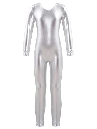 MSemis Kinder Mädchen Glänzend Ballett Trikot Langarm Metallic Body Leotard Turnanzug Gymnastikanzug Turnbody Sport Training Tanzbekleidung gr. 98-164 Silber 122-128 von MSemis