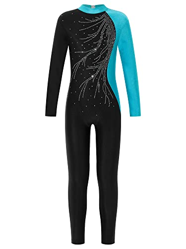 MSemis Kinder Mädchen Gymnastikanzug Turnanzug Ganzkörper Langarm Sportbody Turnen Glitzer Strass Trikot Tanz Bodysuit Trainning Dancewear Blau Grün B 122-128 von MSemis