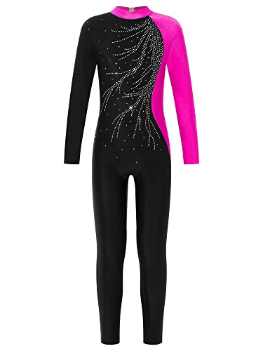 MSemis Kinder Mädchen Gymnastikanzug Turnanzug Ganzkörper Langarm Sportbody Turnen Glitzer Strass Trikot Tanz Bodysuit Trainning Dancewear Hot Pink B 110-116 von MSemis