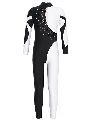 MSemis Kinder Mädchen Gymnastikanzug Turnanzug Ganzkörper Langarm Sportbody Turnen Glitzer Strass Trikot Tanz Bodysuit Trainning Dancewear Weiß A 170-176 von MSemis