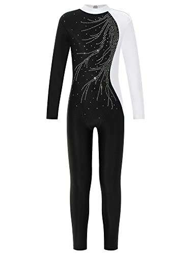 MSemis Kinder Mädchen Gymnastikanzug Turnanzug Ganzkörper Langarm Sportbody Turnen Glitzer Strass Trikot Tanz Bodysuit Trainning Dancewear Weiß B 134-140 von MSemis