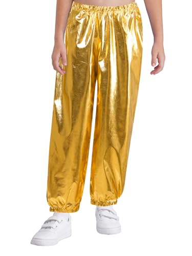 MSemis Kinder Mädchen Jungen Metallic Hosen Lang Tanz Hosen Jazz Hip Hop Pants Hohe Taille Rumba Tango Performance Traininghosen Gold 170 von MSemis