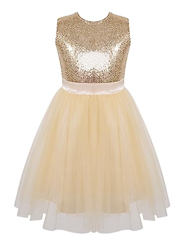 MSemis Kinder Mädchen Pailletten Kleid Ärmellos Blumenmädchen Tüllkleid Hochzeit Geburtstag Prinzessin Ballkleid Gr.104 116 128 140 152 164 Champagner 104 von MSemis