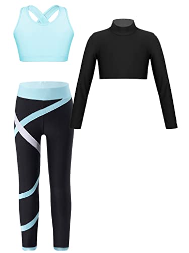 MSemis Kinder Mädchen Sport Outfits Langarm 3tlg Sportshirt mit Ärmellos BH Top Und Leggings Tanz Workout Gymnastik Sportkleidung Hellblau 134-140 von MSemis