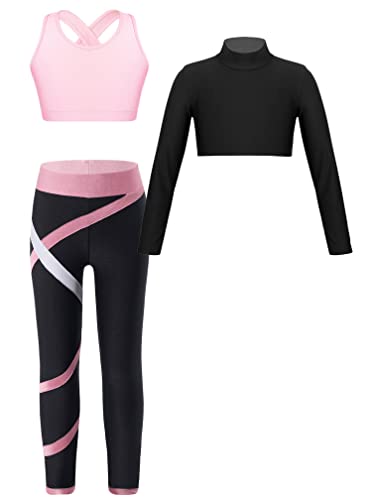 MSemis Kinder Mädchen Sport Outfits Langarm 3tlg Sportshirt mit Ärmellos BH Top Und Leggings Tanz Workout Gymnastik Sportkleidung Rosa 158-164 von MSemis
