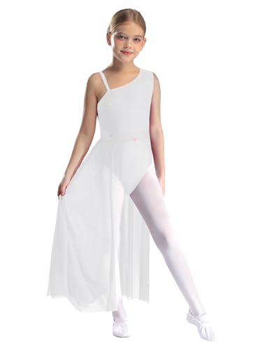 MSemis Kinder Mädchen Tanzkleid Ärmellos Lyrical Tanzkostüm Asymmetrisch Schulter Ballettanzug Jazz Modern Dance Kostüm Weiß 146-152 von MSemis