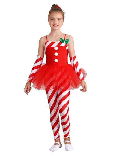 MSemis Kinder Mädchen Zuckerstange Kostüm Weihnachtsmann Overall Tanzbody Ganzkörperanzug Xmas Trikotanzug Outfit Rot 134-140 von MSemis
