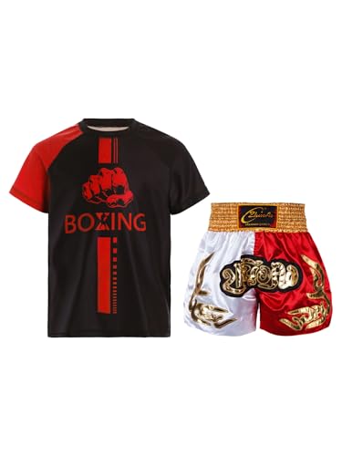 MSemis Kinder Muay Thai Kleidung Jungen Kurzarm Kickbox T-Shirt Und Kurze Hose Zweiteiliger Boxing Fitness Trainingsanzug Gelb & Weiß & Rot A 122-128 von MSemis