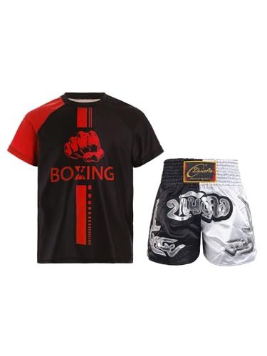 MSemis Kinder Muay Thai Kleidung Jungen Kurzarm Kickbox T-Shirt Und Kurze Hose Zweiteiliger Boxing Fitness Trainingsanzug Rot & Schwarz & Weiß A 134-140 von MSemis