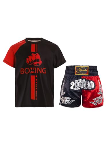 MSemis Kinder Muay Thai Kleidung Jungen Kurzarm Kickbox T-Shirt Und Kurze Hose Zweiteiliger Boxing Fitness Trainingsanzug Schwarz Rot A 134-140 von MSemis