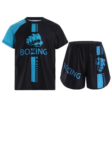 MSemis Kinder Muay Thai Kleidung Jungen Kurzarm Kickbox T-Shirt Und Kurze Hose Zweiteiliger Boxing Fitness Trainingsanzug Hellblau 146-152 von MSemis