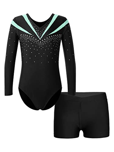 MSemis Kinder Turnanzug Gymnastikanzug Mädchen Langarm Trikot Leotard mit shorts Training Gymnastikbody Tanzbekleidung Dancewear Hellgrün E 122-128 von MSemis