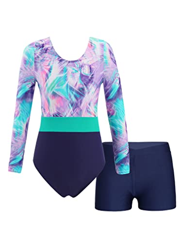 MSemis Kinder Turnanzug Gymnastikanzug Mädchen Leotard mit Shorts Langarm Trikot Training Dancewear Gymnastikbody Tanzbekleidung Bunt & Marine 134-140 von MSemis